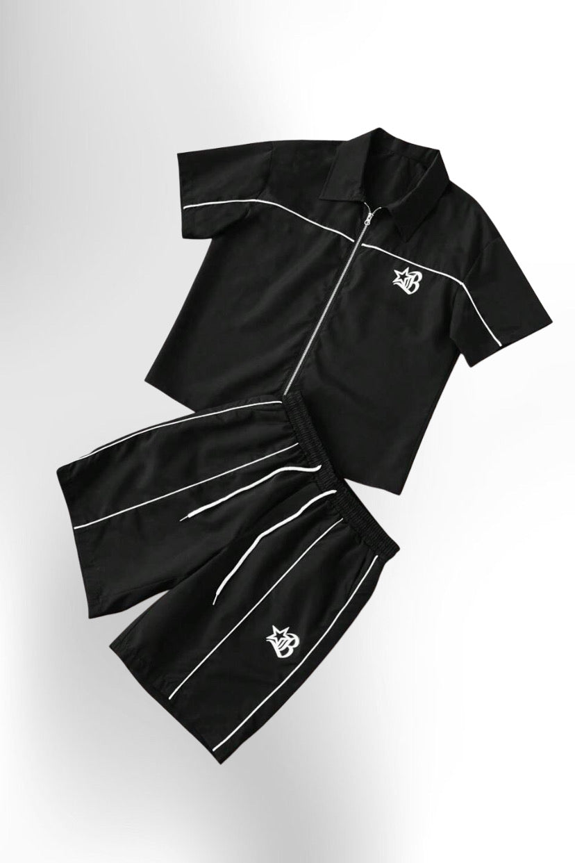 Men's 2pcs Zipper Short Sleeve Shirt And Drawstring Shorts Set