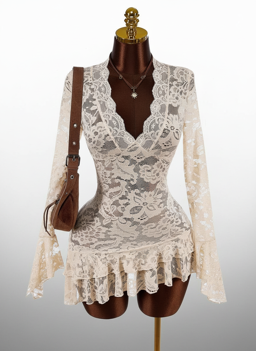 Sheer Low-Cut Hippie Style Mini Dress