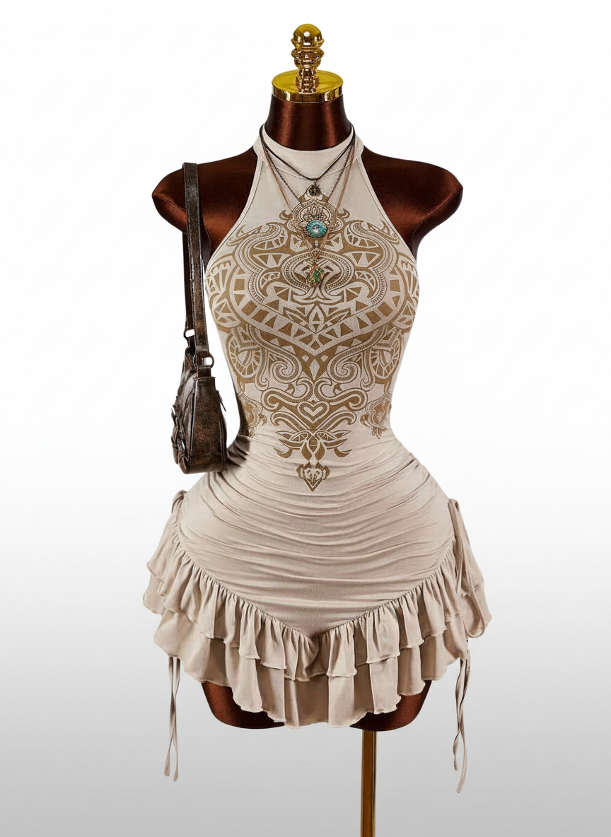 Ruffled High Neck Asymmetrical Mini Dress