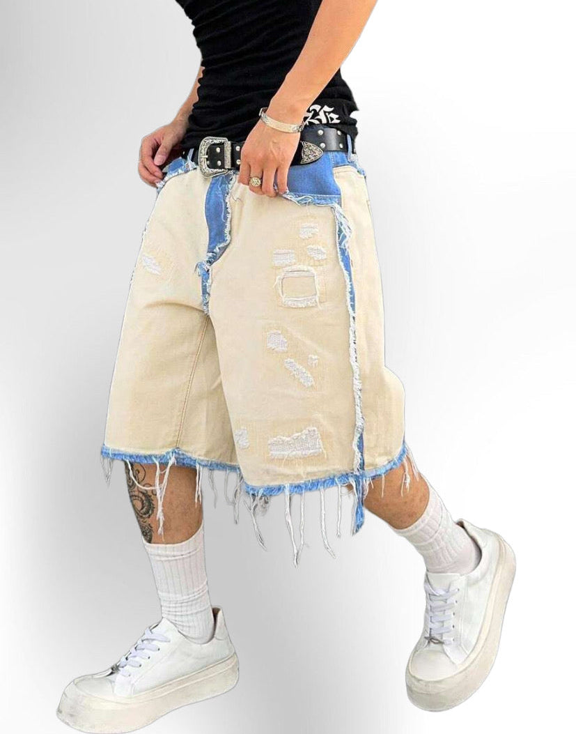 Men's Contrast Color Fringe Casual Denim Shorts