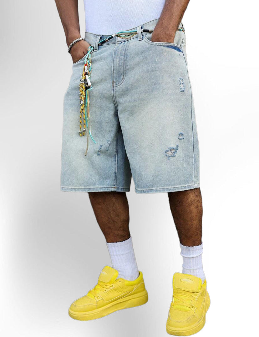 Men's Faded Light Blue Washed Loose Fit Vintage Casual Denim Jorts