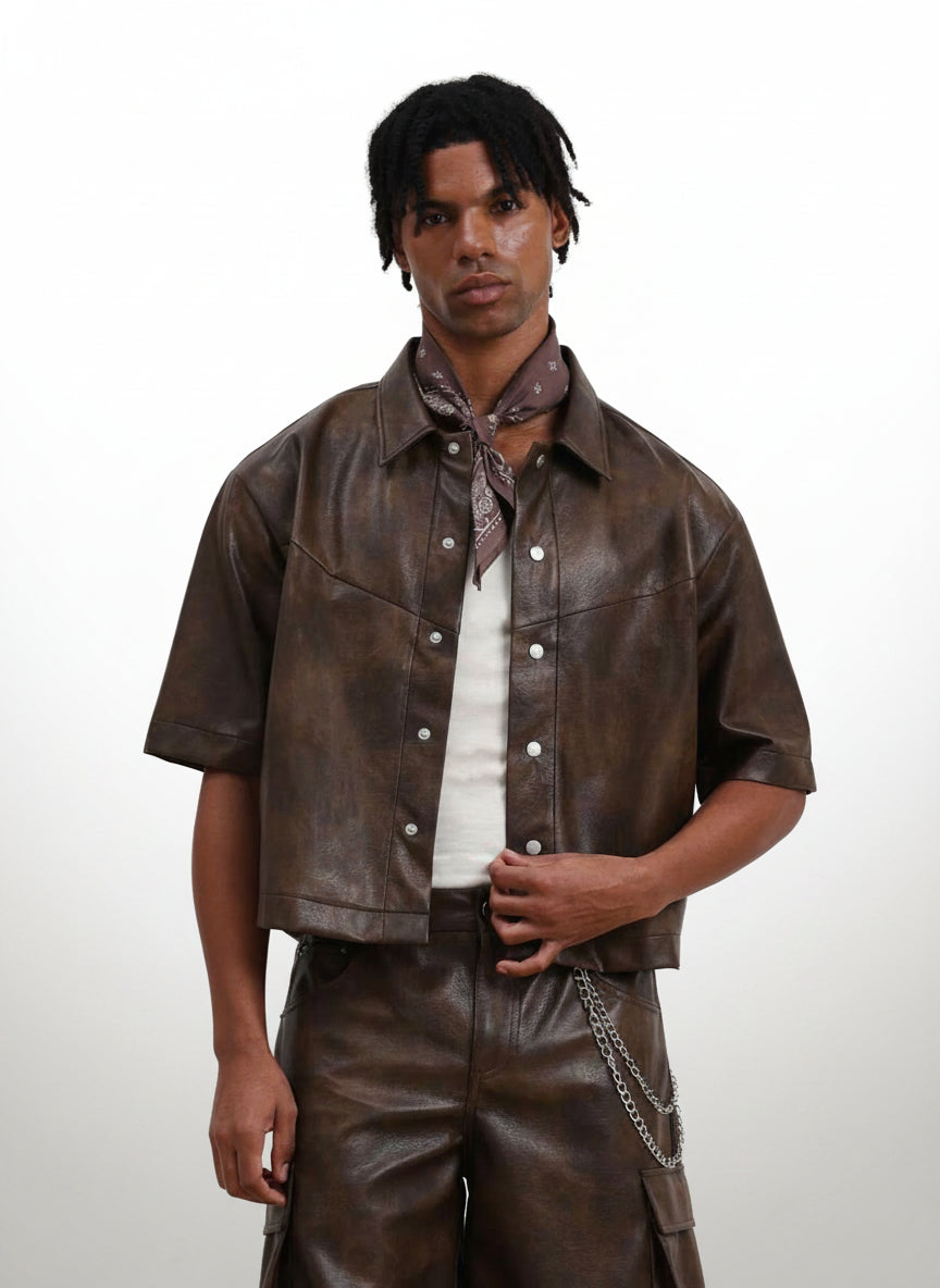 Men's Brown Faux Leather Short Sleeve Shirt
